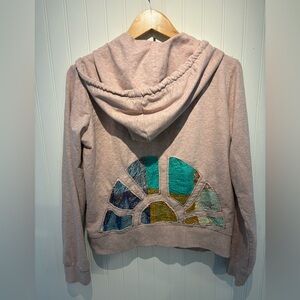 MORA Surf Boutique heathered pink zip hoodie with kantha design, size L